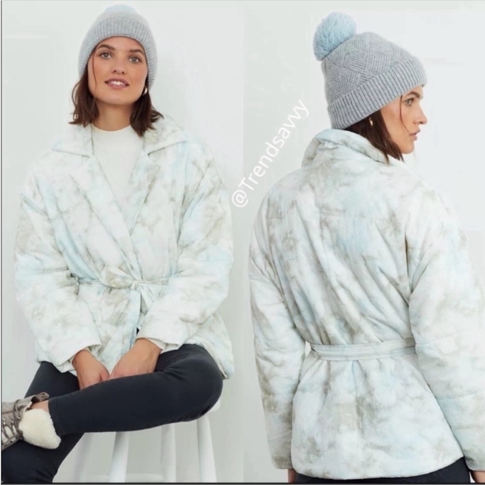 Anthropologie Bennie Tie Dye Belted Puffer Jacket Cloud Blue Medium Coat